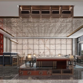 新中式休闲会所大厅3D模型下载